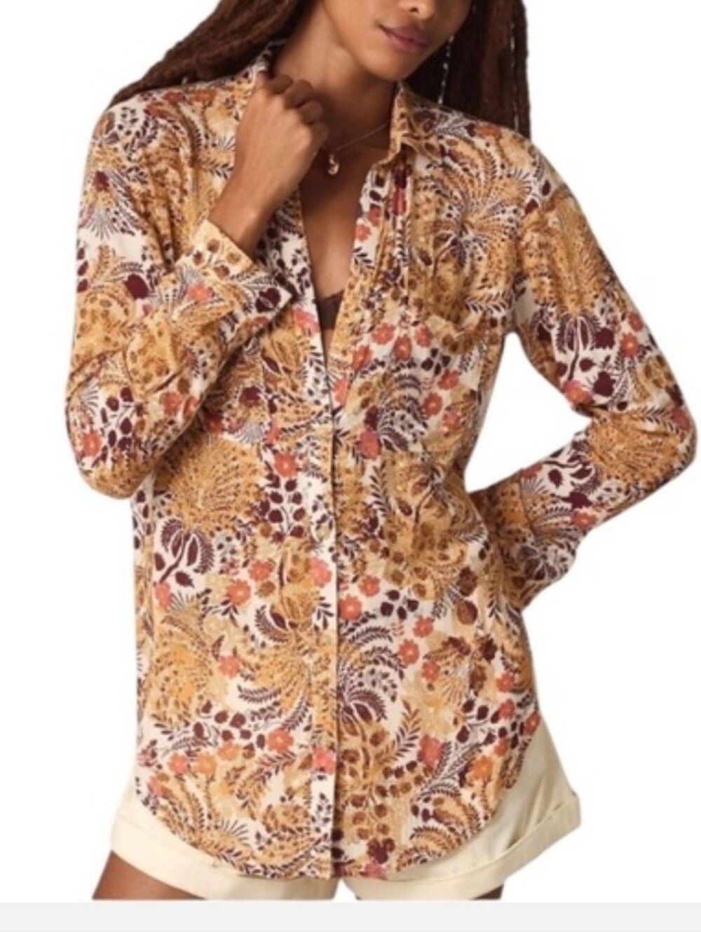 Pilcro Anthropologie Floral Button-Up Shirt Mustard Burgundy.
